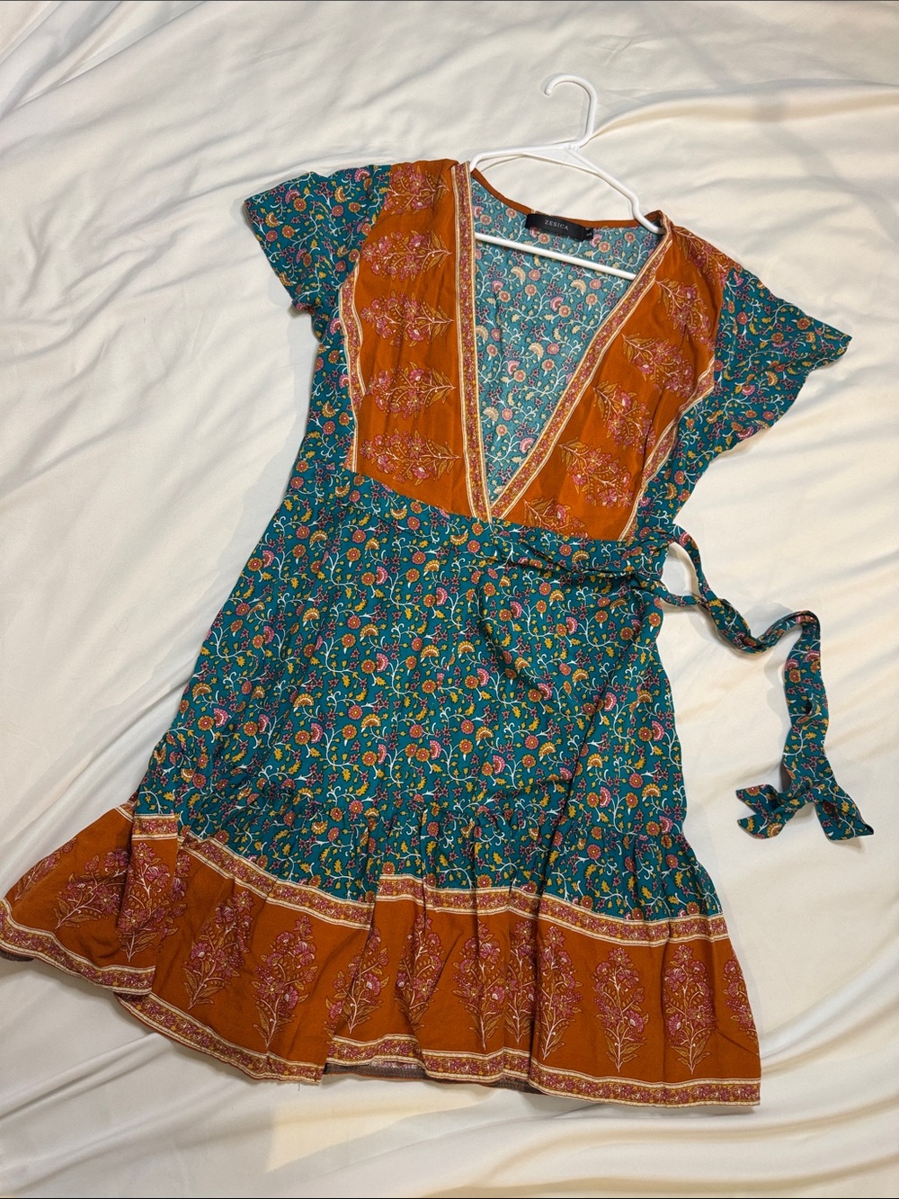 Teal & Rust Floral wrap Dress